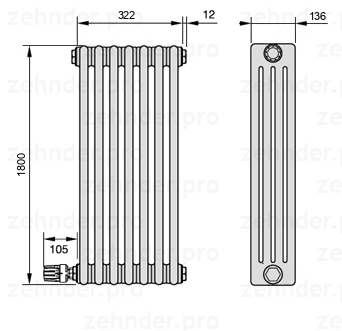 Схема (чертеж) Радиатор Zehnder Charleston 4180/7 №V003 Белый глянцевый RAL 9016